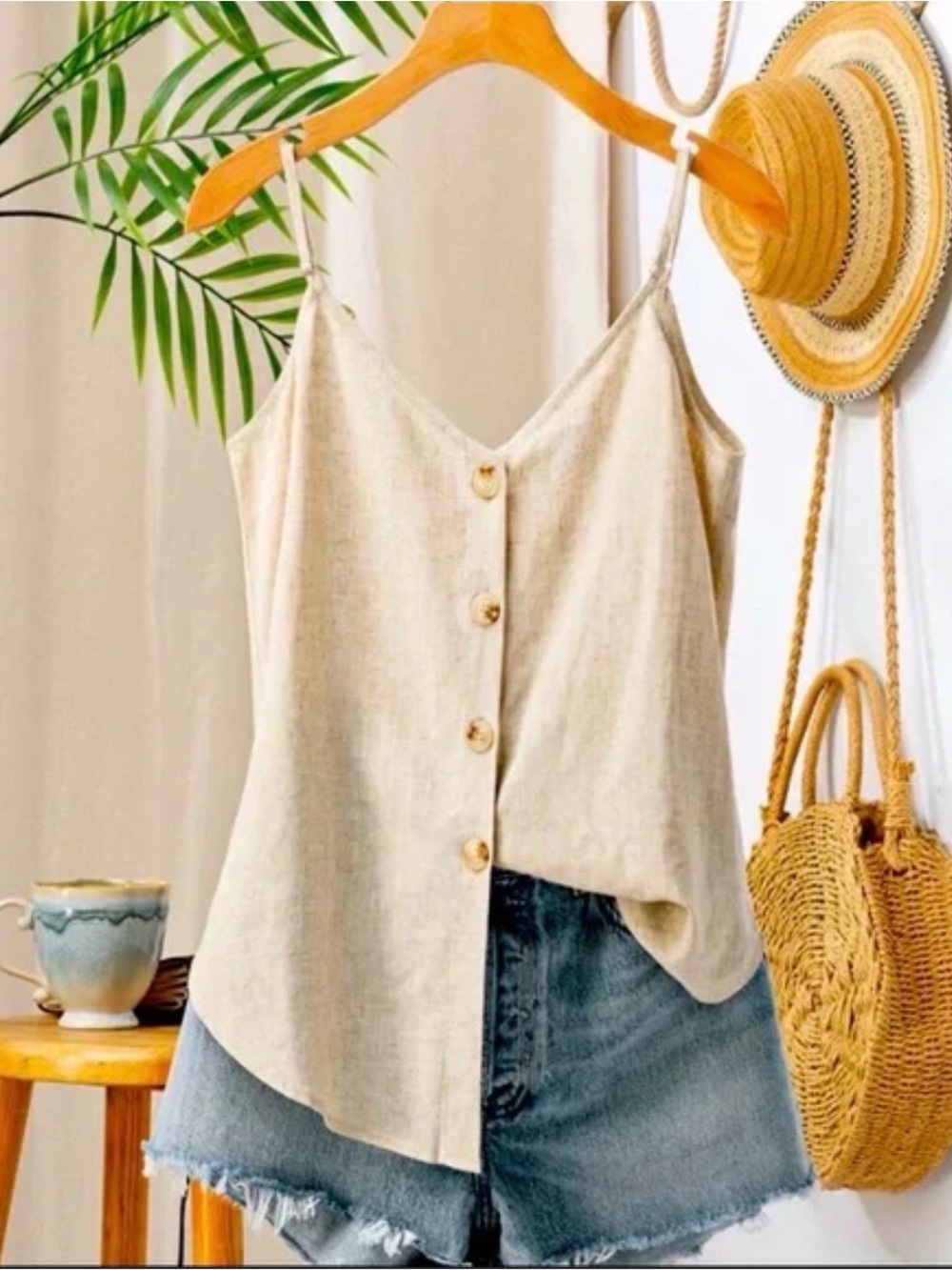 Urban Daizy Cream Linen-Blend Button Cami with Adjustable Straps linen cami.